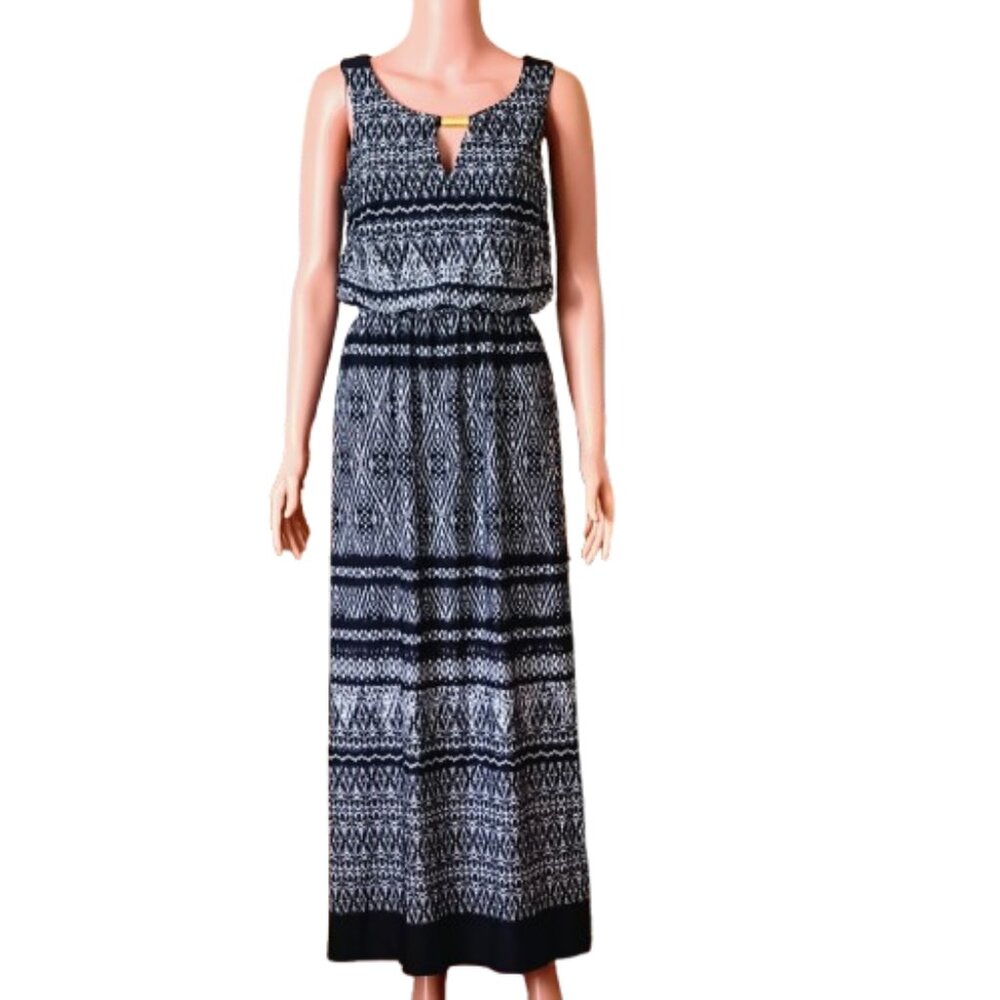 Blue White Blouson Maxi Dress M Women's Sleeveless Keyhole Front Elastic Waist.